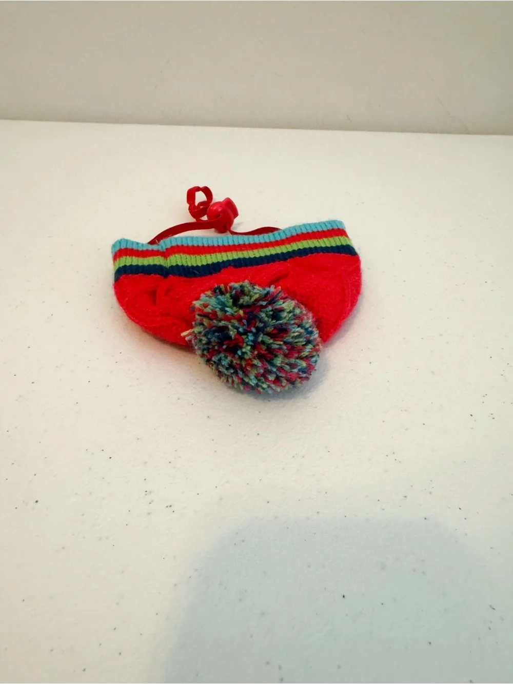 Cat or Small Dog Pom-Pom Knit Beanie Hat in Red and Aqua Stripes